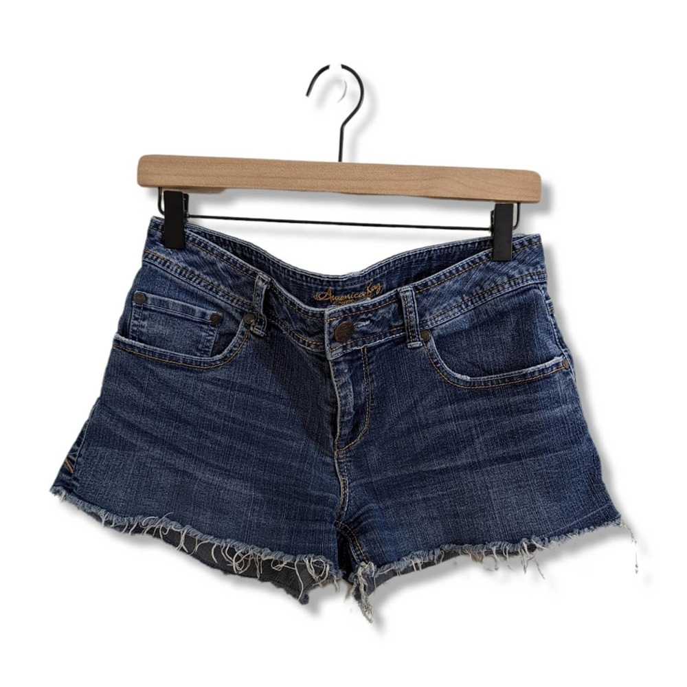 American Rag Frayed Cuttoff Demin Shorts with Buttons, Blue (Size 9)